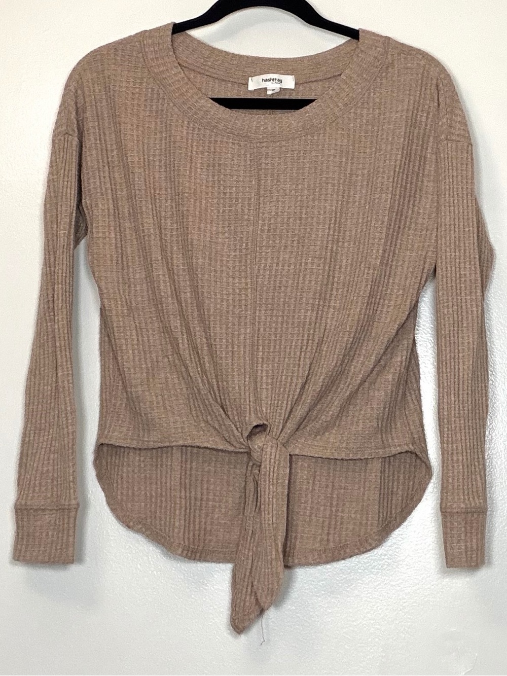 Heathered Tie-Front Ribbed Long-Sleeve Top - Taupe/Dusty Pink